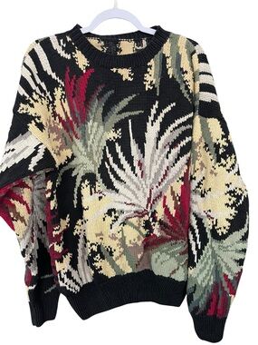 Vintage Floral Tapestry Knit Sweater Oversized Botanical Cottagecore Pullover L